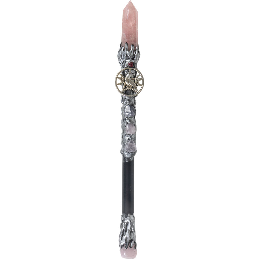 10" Magick Wand - Rose Quartz Point with Silver Raven - Magick Magick.com
