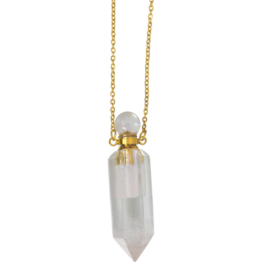 1.75" Gemstone Point Pendant Perfume Bottle Necklace - Clear Quartz - Magick Magick.com