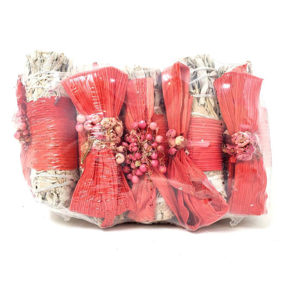 4" Red Bow & Schinus Molle Seeds & White Sage Smudge Stick - Magick Magick.com