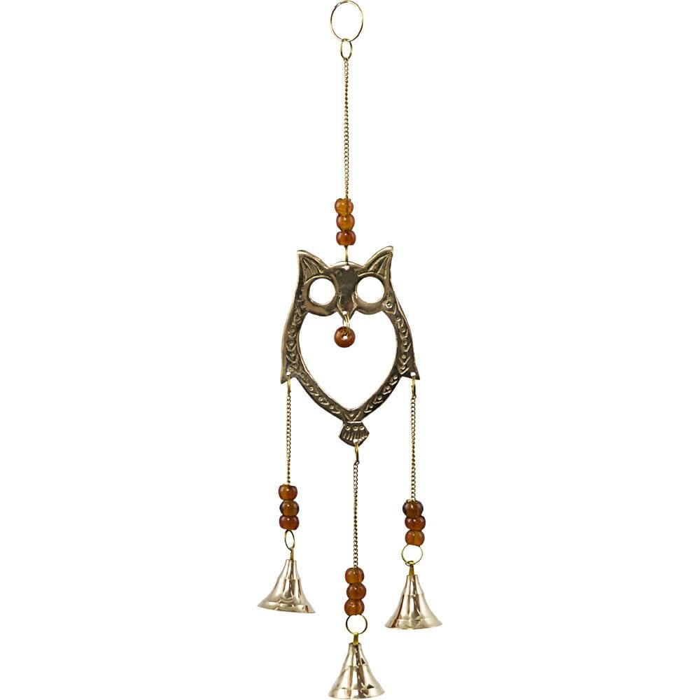 14" Brass Bell Chime - Owl with Brown Beads - Magick Magick.com
