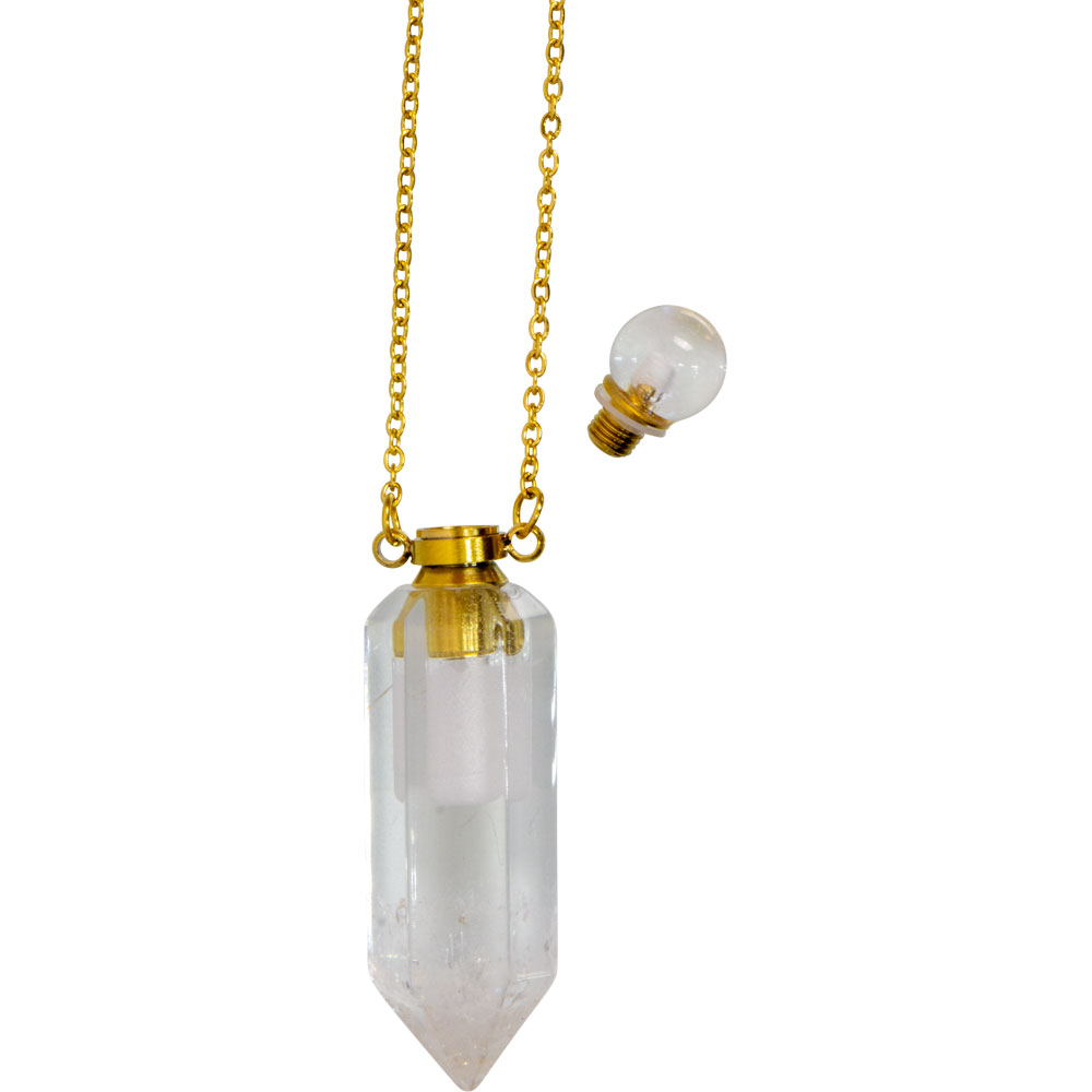 1.75" Gemstone Point Pendant Perfume Bottle Necklace - Clear Quartz - Magick Magick.com