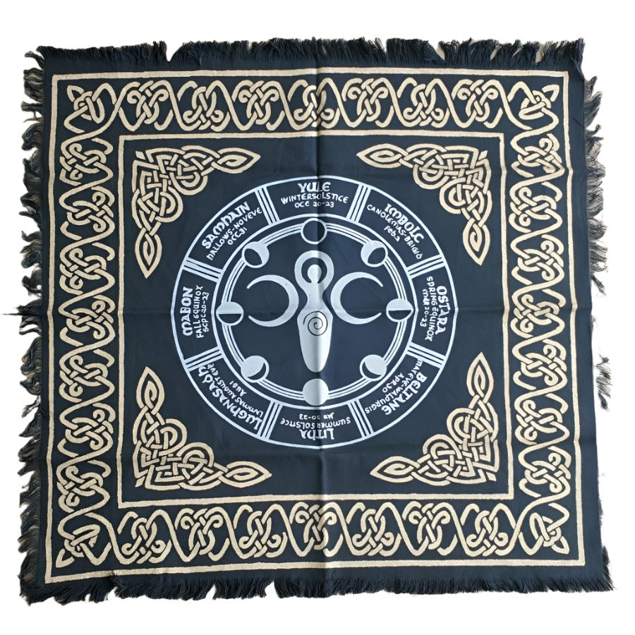 24" Satin Altar Cloth - Goddess Wicca Calendar on Black & Gold - Magick Magick.com