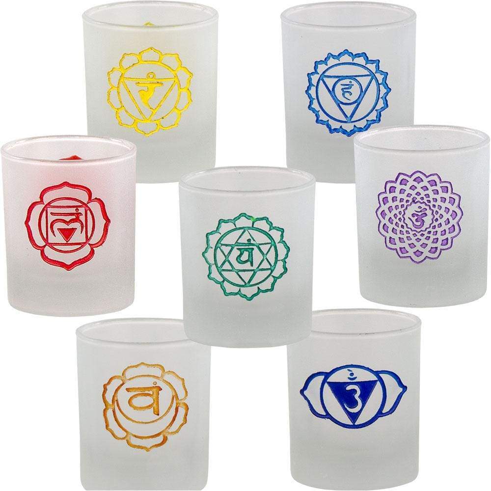 2.5" Etched Glass Votive Holder - Chakras (Set of 7) - Magick Magick.com