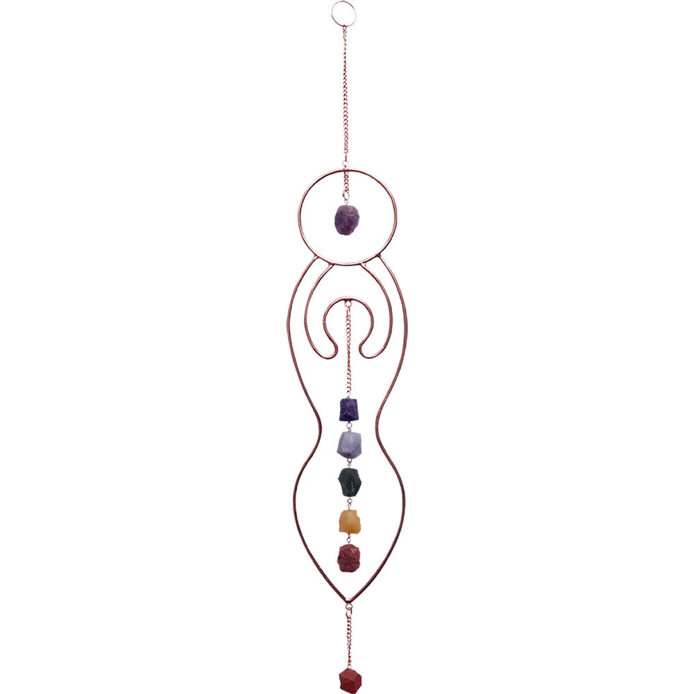 36" Copper Metal Wall Hanging - Chakra Goddess with Rough Chakra Gemstones - Magick Magick.com