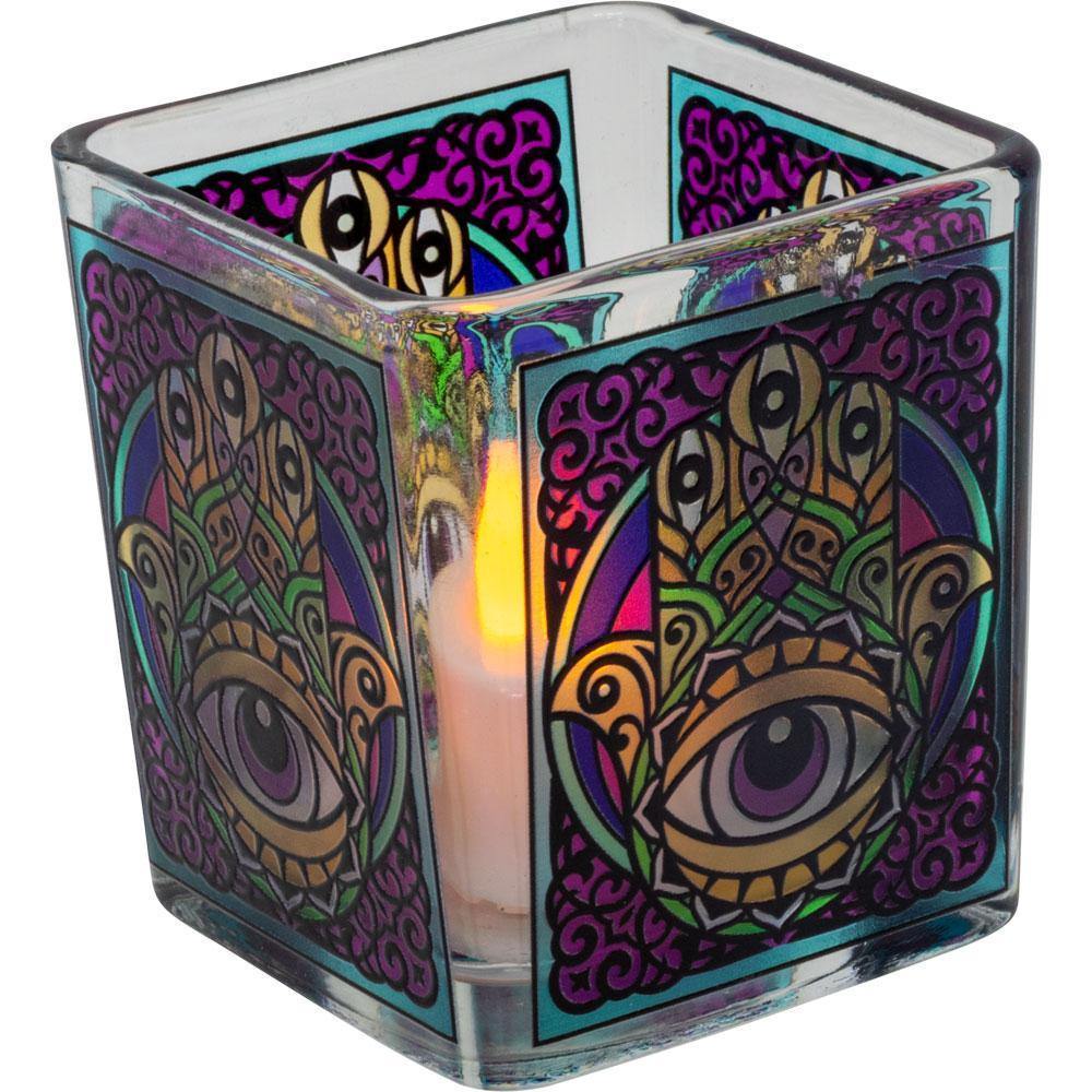 3.5" Handcrafted Glass Square Votive Holder - Fatima Hand - Magick Magick.com