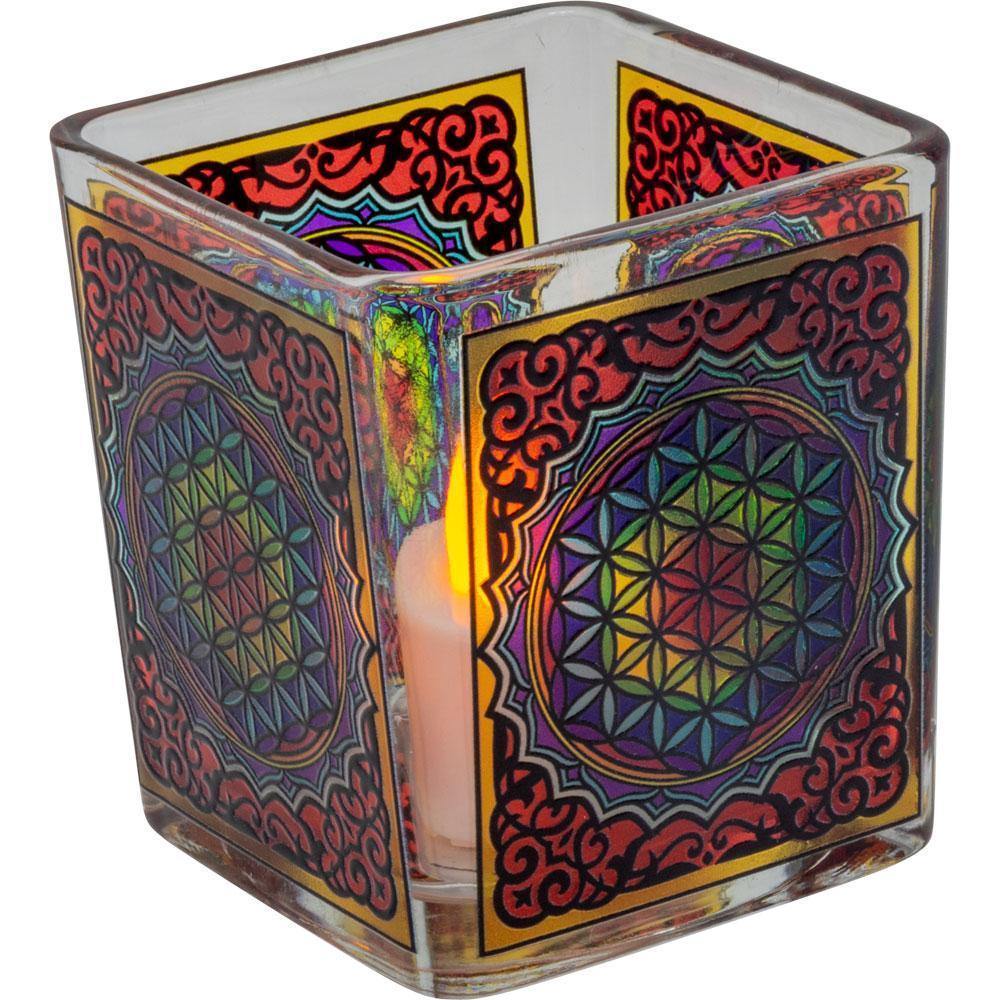 3.5" Handcrafted Glass Square Votive Holder - Flower of Life - Magick Magick.com