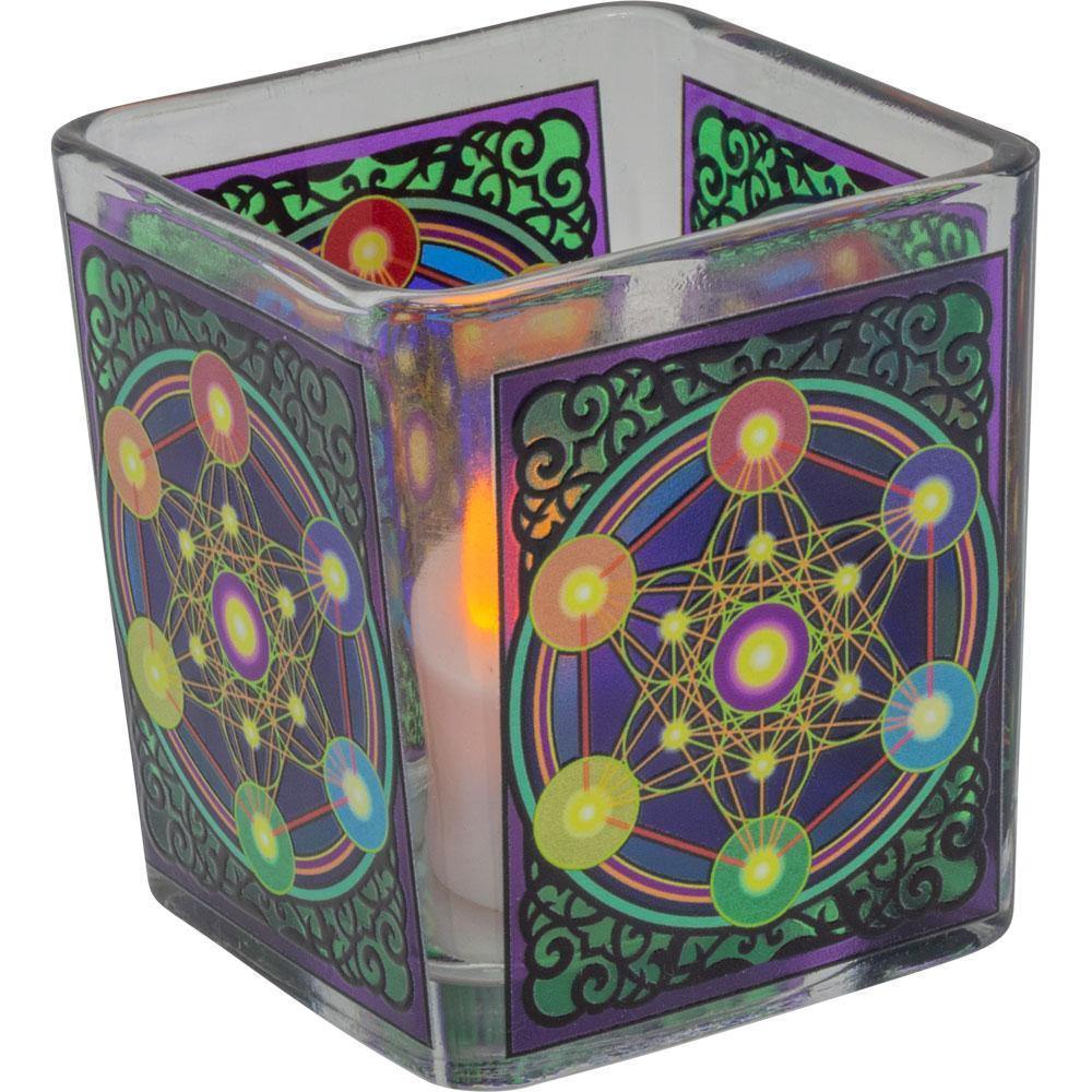 3.5" Handcrafted Glass Square Votive Holder - Metatron Chakra - Magick Magick.com