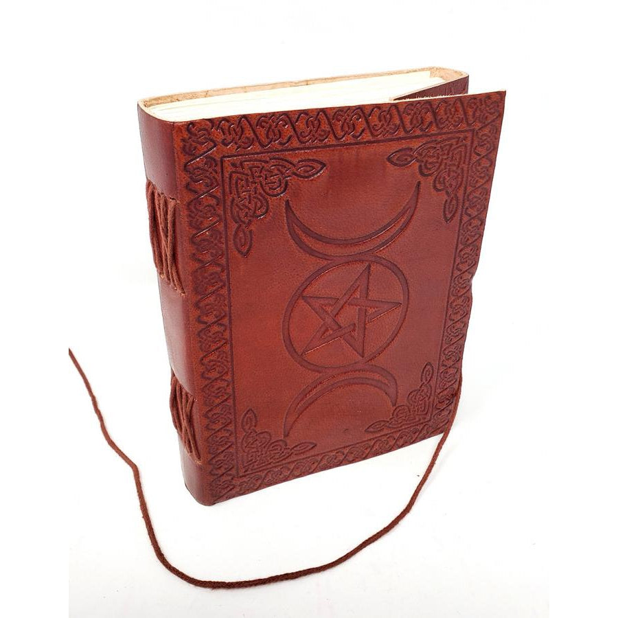 5" x 7" Triple Moon Pentagram Embossed Leather Journal with Cord - Magick Magick.com