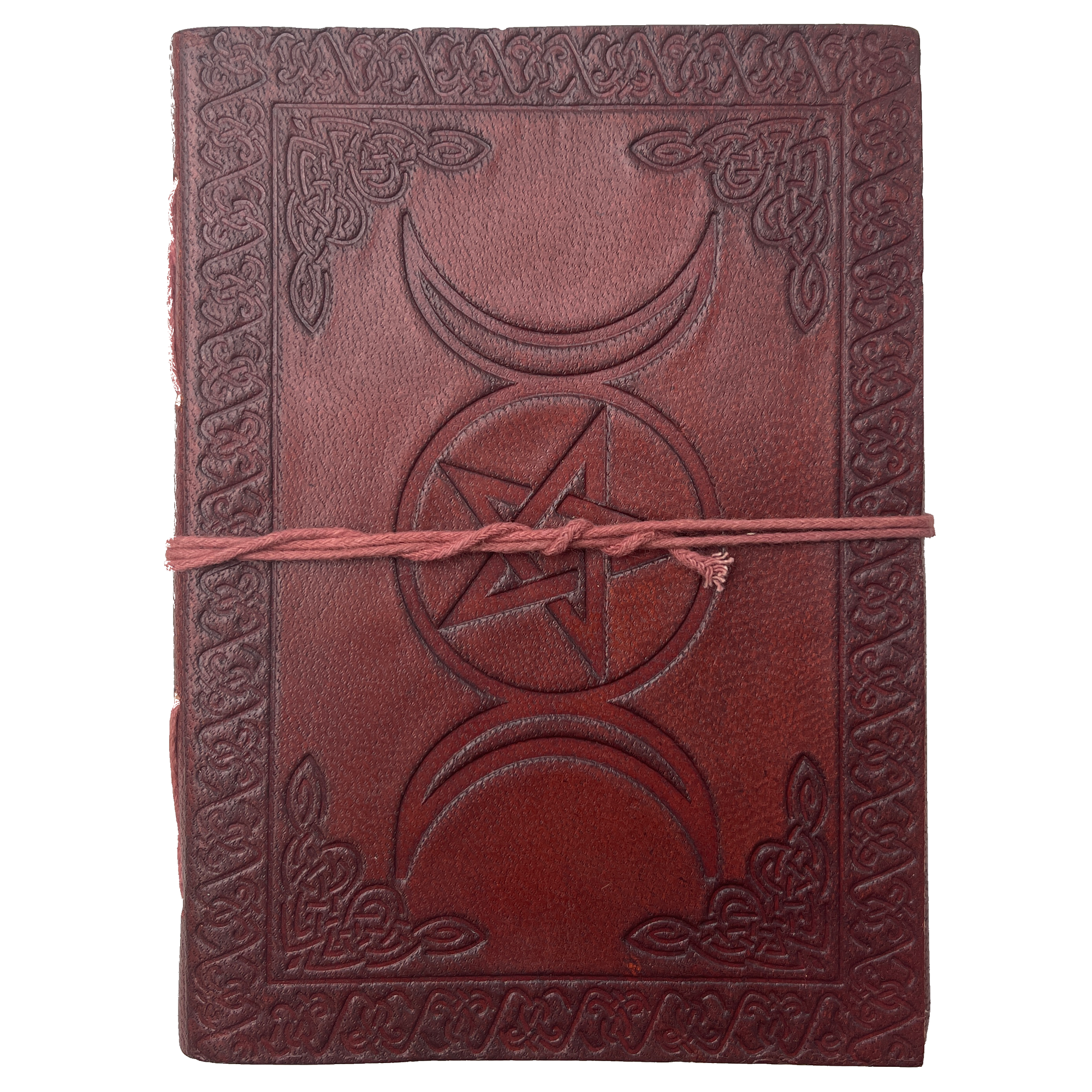 5" x 7" Triple Moon Pentagram Embossed Leather Journal with Cord - Magick Magick.com