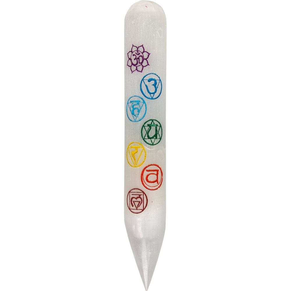 6.25" White Selenite Massage Wand with 7 Chakras - Magick Magick.com