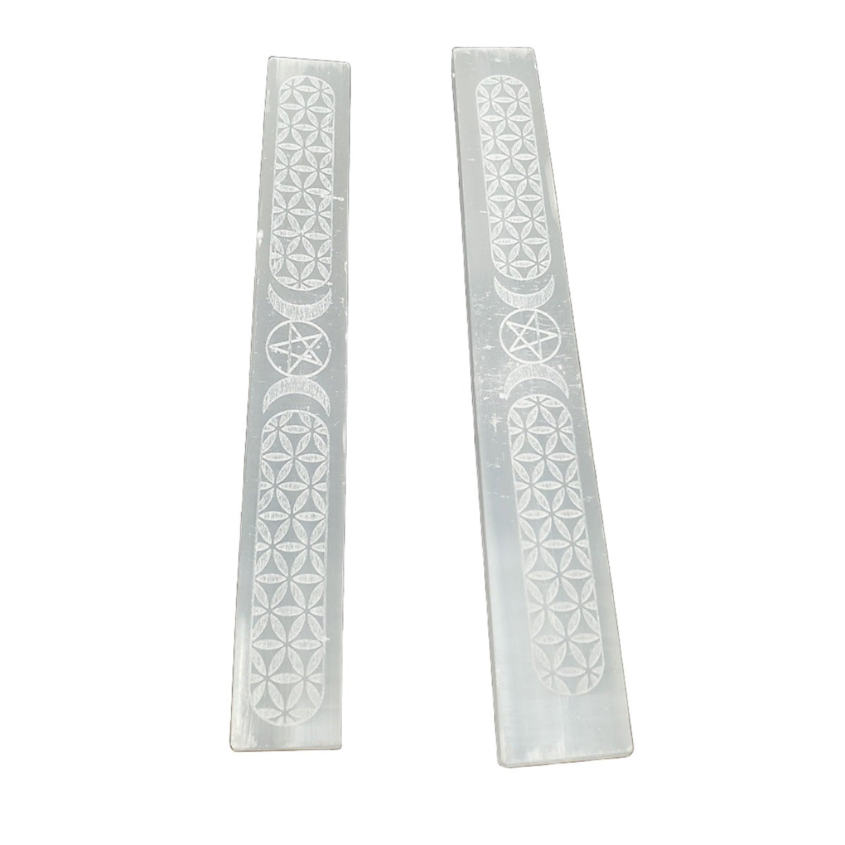 7" Triple Moon Pentagram Selenite Flat Wand - Magick Magick.com