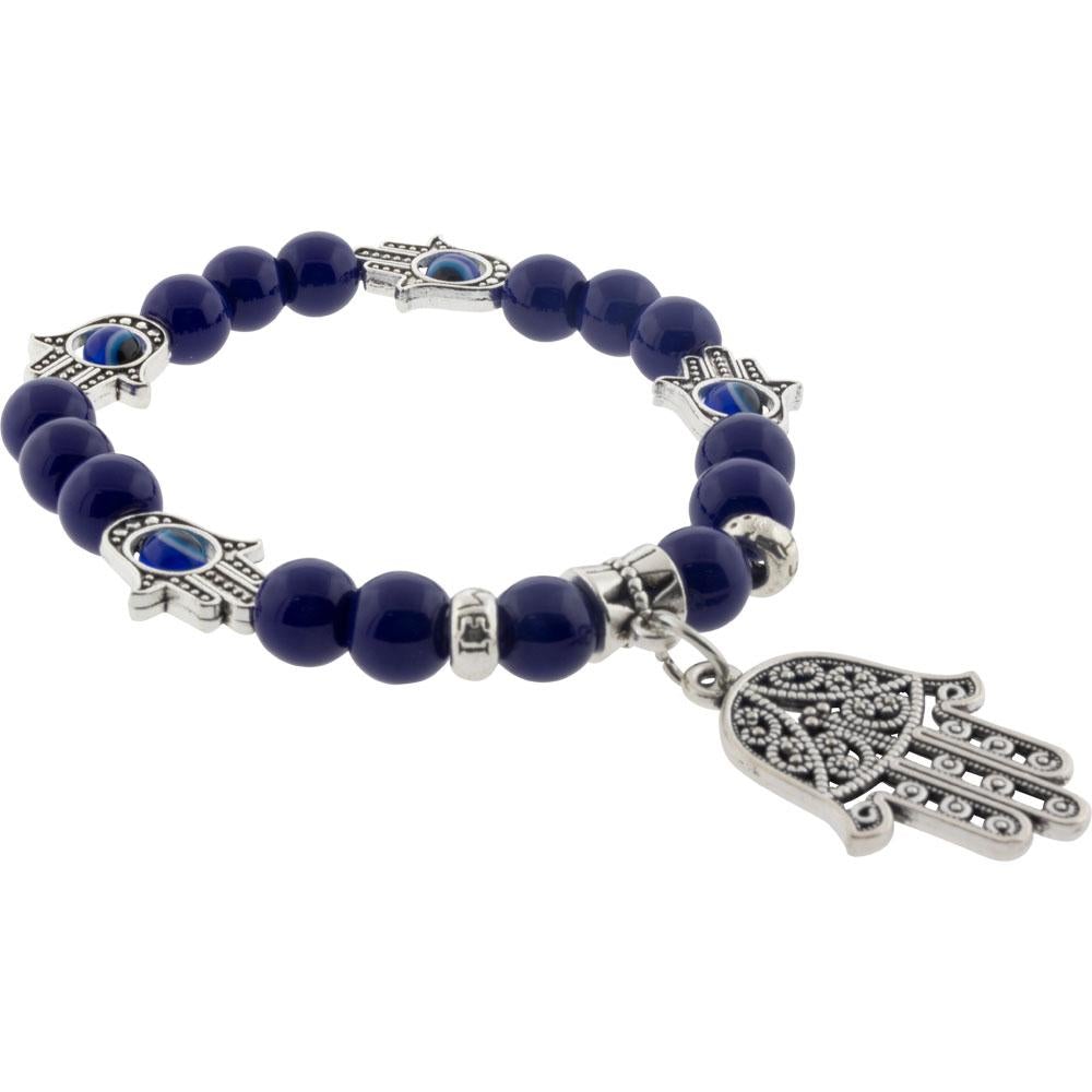 8 mm Elastic Bracelet - Evil Eye Protection Cobalt Blue with Fatima Hand Charms - Magick Magick.com