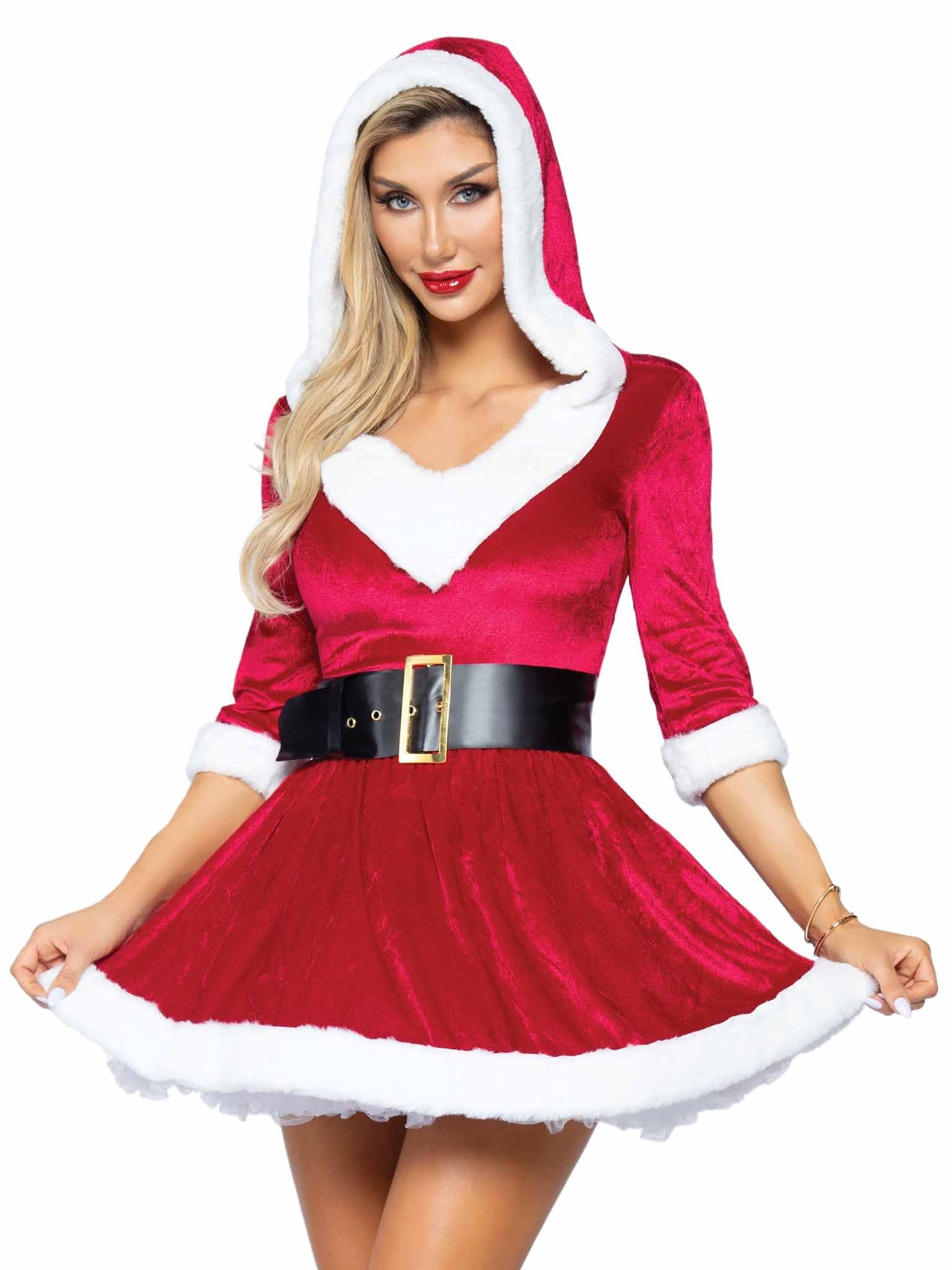 Sexy Mrs. Claus V-Neck Velvet hooded Dress and Belt