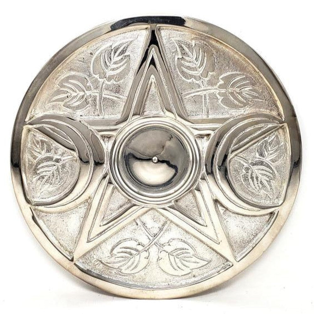 9" Triple Moon Pentagram Silver Plated Solid Brass Altar Tile - Magick Magick.com