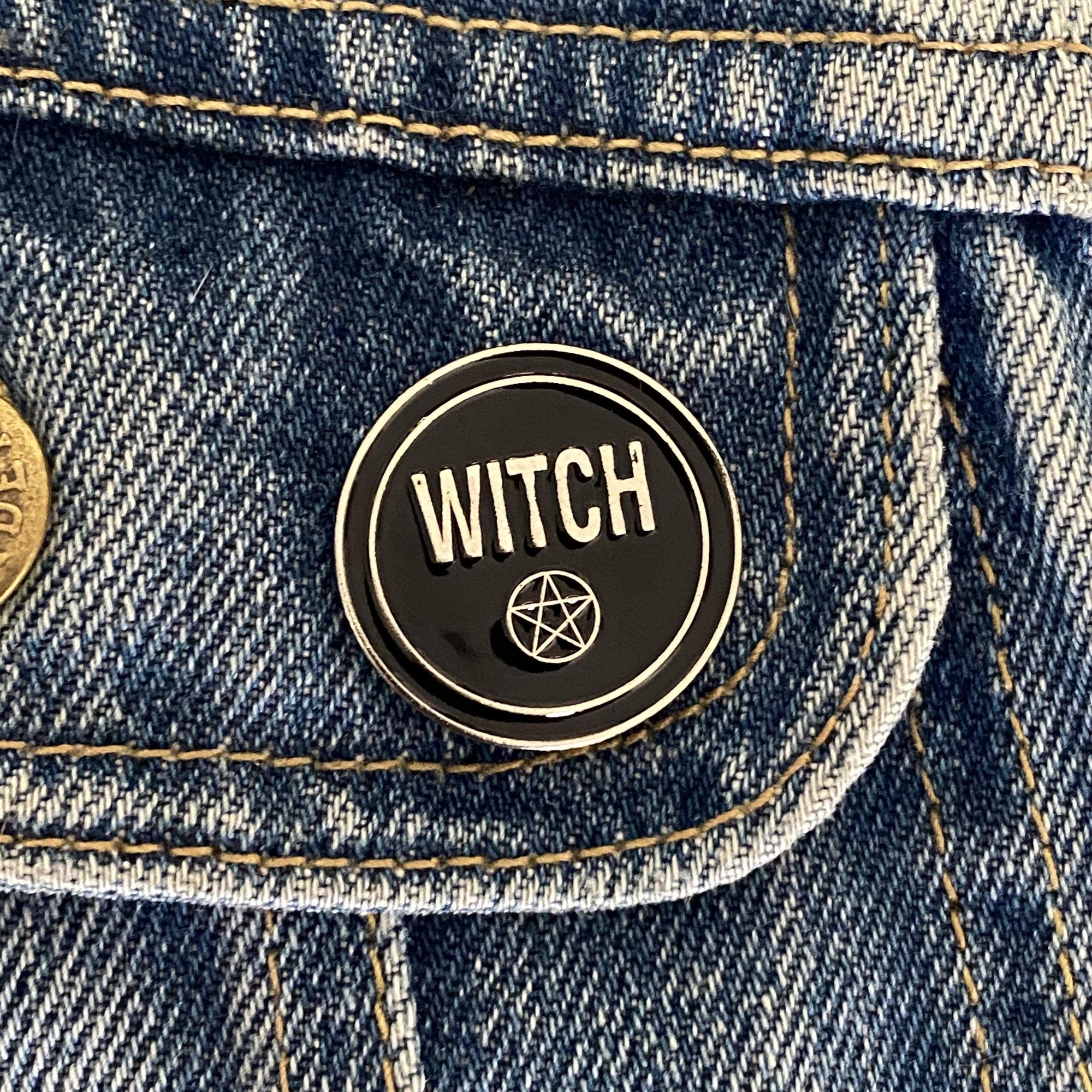 Black Round Witch Pin with Pentagram Enamel Pin - Magick Magick.com