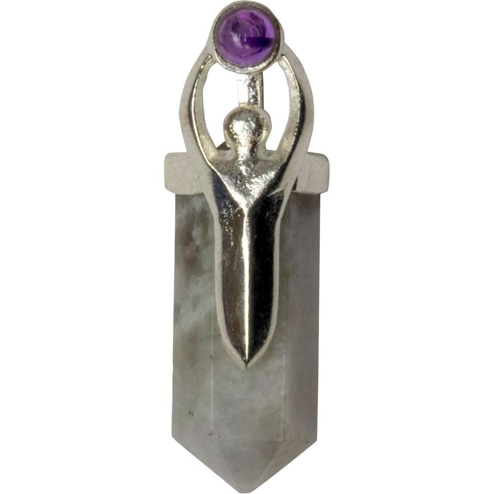 Goddess Pendant with Amethyst Gem - Rainbow Moonstone Point - Magick Magick.com