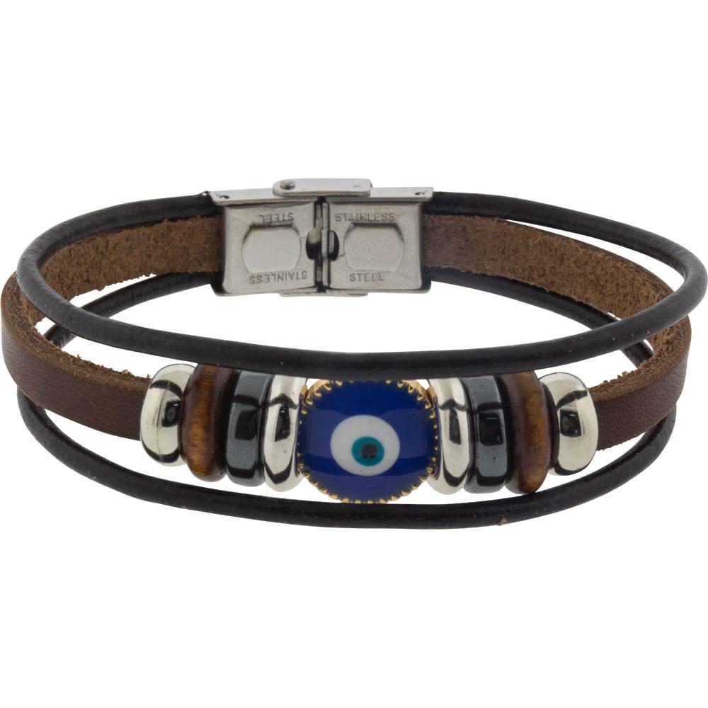 Leather Protection Bracelet - Evil Eye - Triple Row Brown - Magick Magick.com