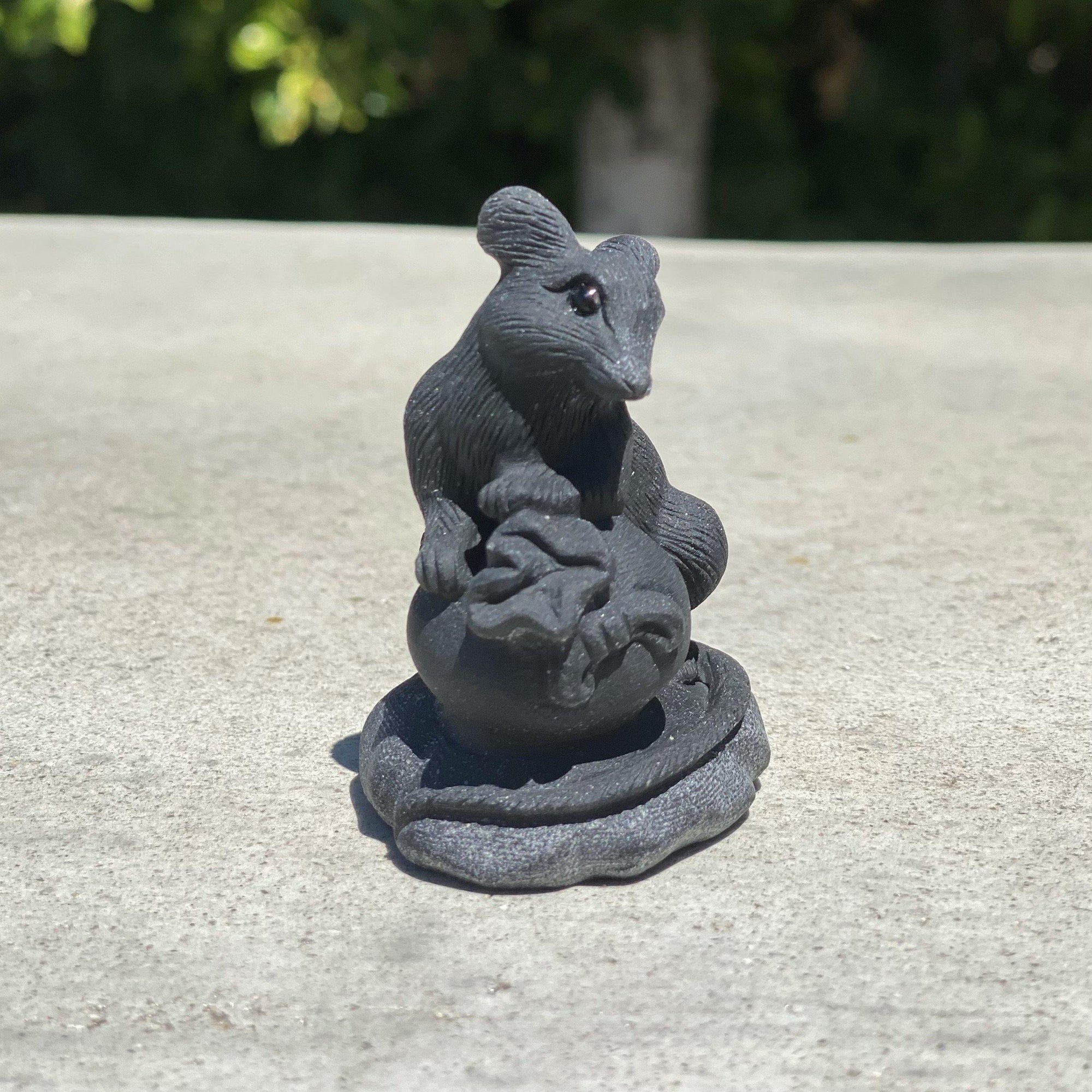 Natural Black Obsidian Hand Carved Mouse with Money Bag - .18 lbs (2 x 1.5 x 2.5 inches) - Magick Magick.com