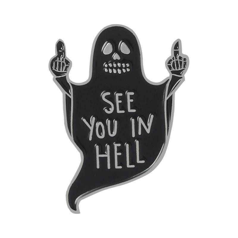 See You In Hell Ghost Middle Finger Enamel Pin - Magick Magick.com