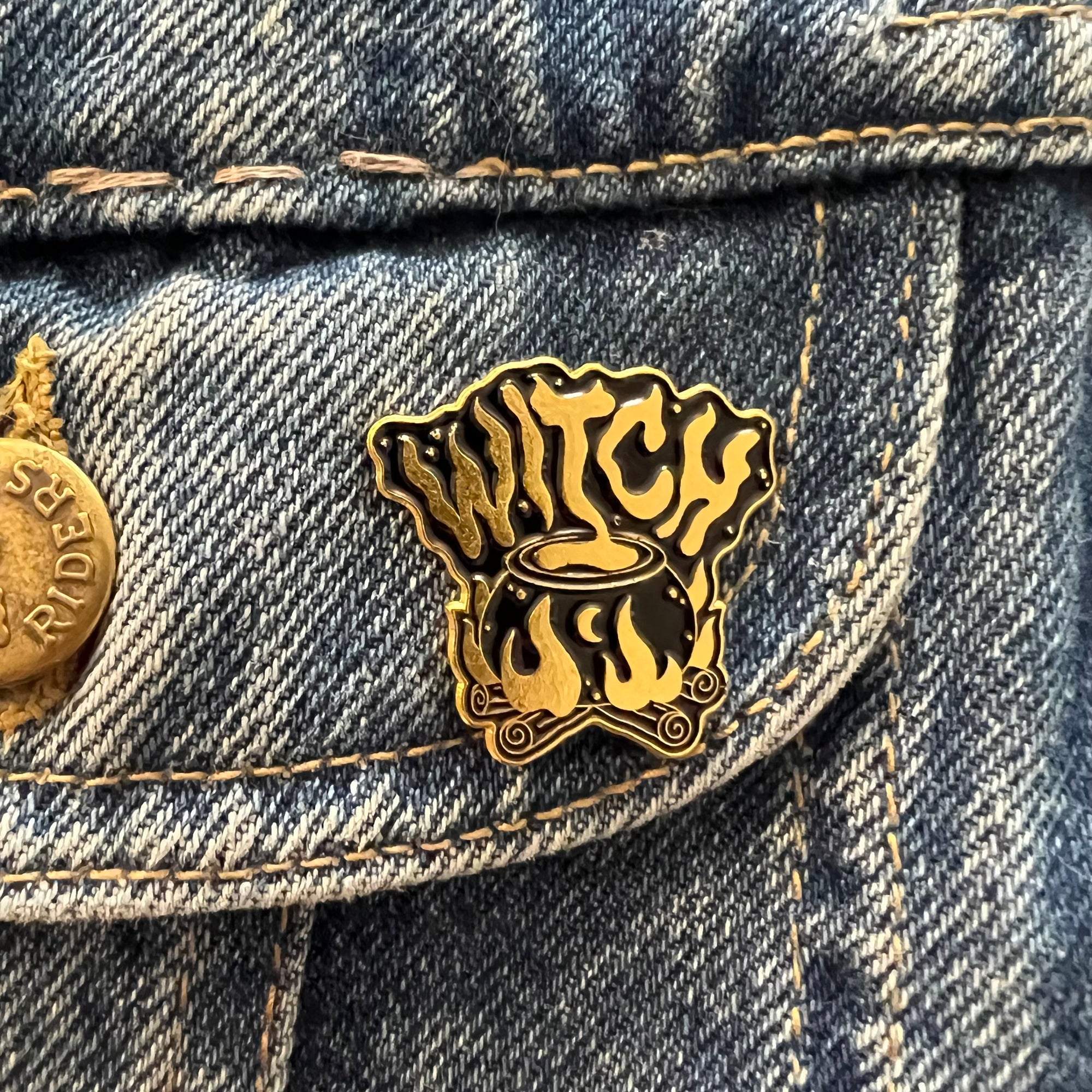 Witch on Fire Cauldron Enamel Pin - Magick Magick.com