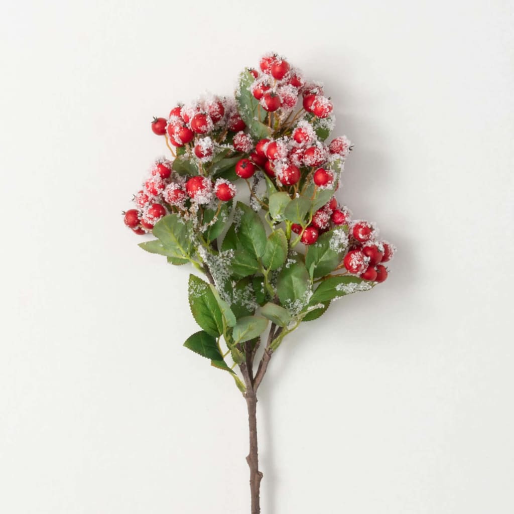 23 Frosted Red Berry Leaf Stem Christmas Decoration - Stems