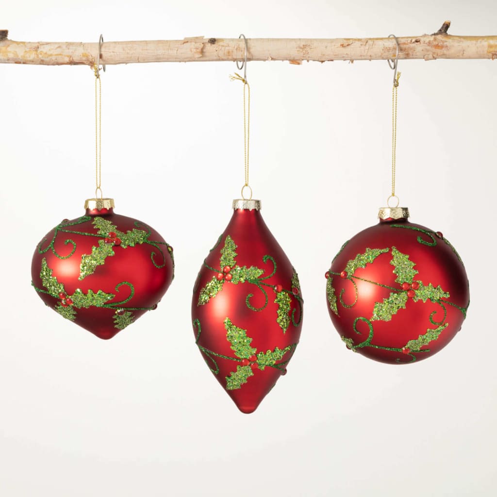 Embellished Holly Ornament Set (Set of 3) Christmas