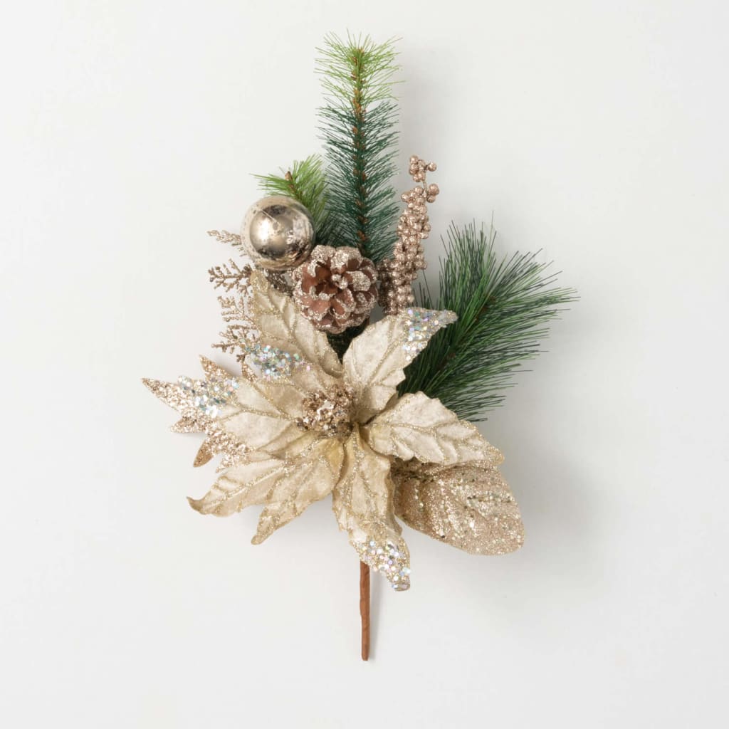 Gold Poinsettia Pine Pick Christmas Decoration - Stems &